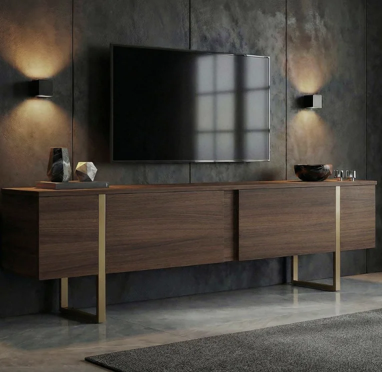 Meuble TV en bois foncé avec détails métalliques